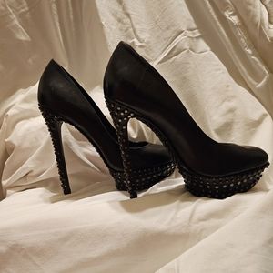 Brian Atwood black leather studded pumps